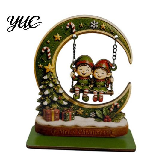 Compact Festive Tabletop Accents Wooden Christmas Tree Ornament, Santa Snowman Reindeer Crescent Moon Swing Desktop Ornament Decor for Home
