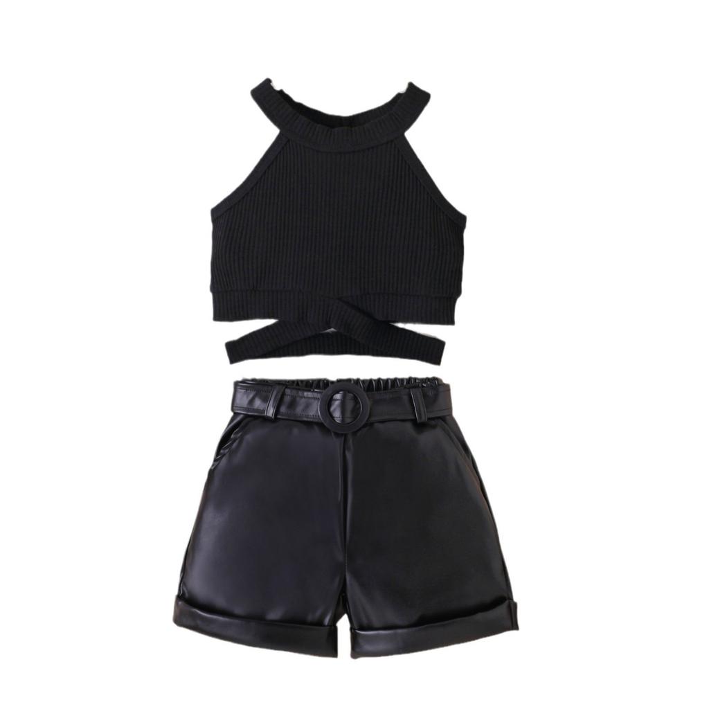 Модный комплект для девочек, летний детский повседневный топ без рукавов с халтернеком, кожаный пояс, комплект из трех предметов