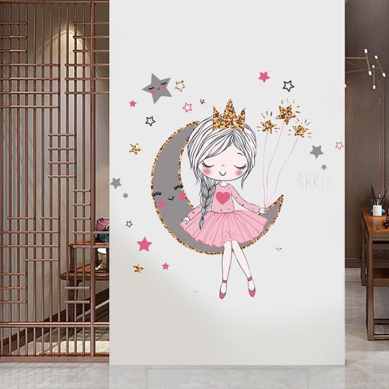 Наклейка на стену со звездой и луной для девочек, водостойкая самоклеящаяся ПВХ-наклейка, современная гостиная, детская спальня, настенное художественное украшение, наклейка