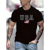 USA Print Short Sleeve T-Shirt For Male, Comfy Elastic Crew Neck Top, Men's Clothing For Summer Daily Wear & Workout