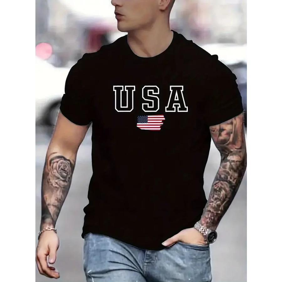 USA Print Short Sleeve T-Shirt For Male, Comfy Elastic Crew Neck Top, Men's Clothing For Summer Daily Wear & Workout