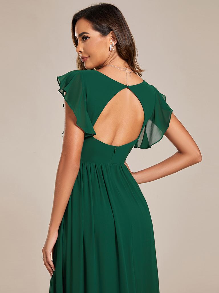 Ever-Pretty Women's A-Line V Neck Pleated Belted Ruffles Sleeves Open Back High Waist Bridesmaid Dresses