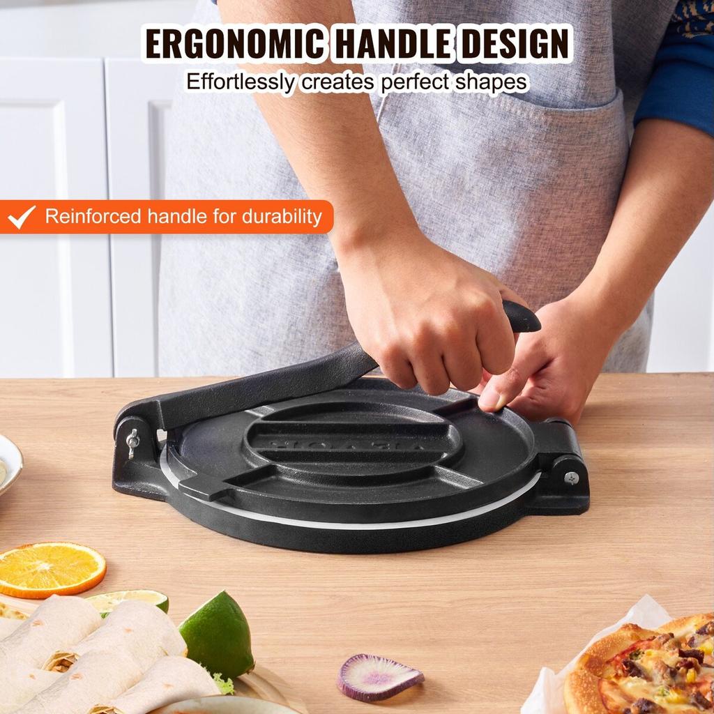 Tortilla Press, 8 Inch Tortilla and Roti Maker, Cast Iron Heavy Duty Tortilladora Press, Pre-Seasoned Pataconera Maker with 100 Pcs Parchment Paper,