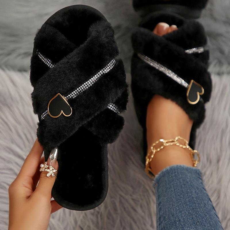 Модные Модные Кристальные Шлепанцы с Меховыми Перекрестными Ремешками для Женщин Уютные Теплые Пушистые Зимние Тапочки Женские с Открытым Носком Мягкие Плюшевые Домашние Тапочки для Дома