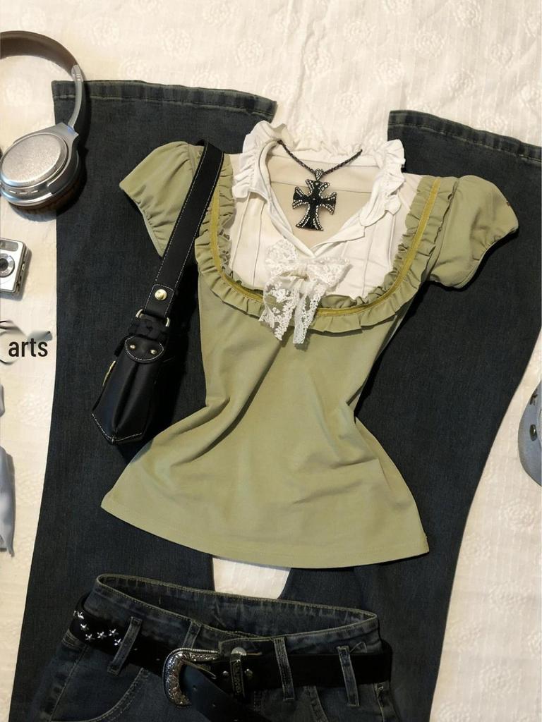 Винтажный топ Y2K с зеленым кружевным бантом, облегающий, пэчворк, с короткими рукавами