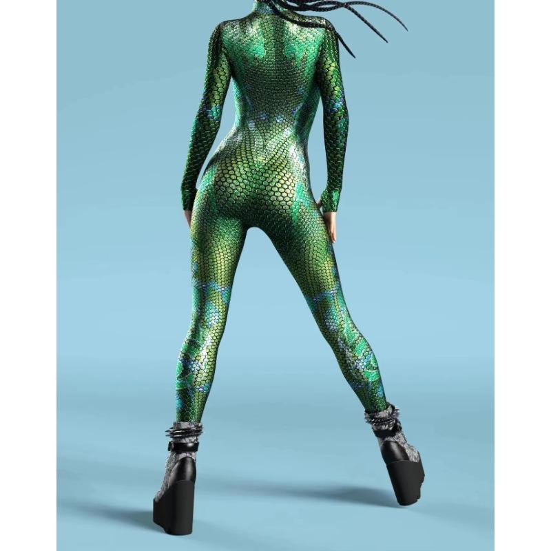 Halloween Snake Print Cosplay Jumpsuit Women Sexy Animal Bodysuit Festival Party Zentai Suit Rave Catsuit Pole Dance Set New