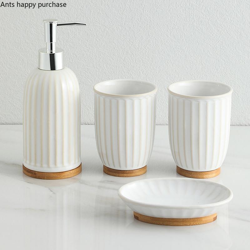 Керамический набор для мытья ванной комнаты, набор из 4 предметов, деревянные поддоны, флакон для лосьона, стаканчик для мыла, наборы аксессуаров для ванной комнаты, туалетные принадлежности для дома