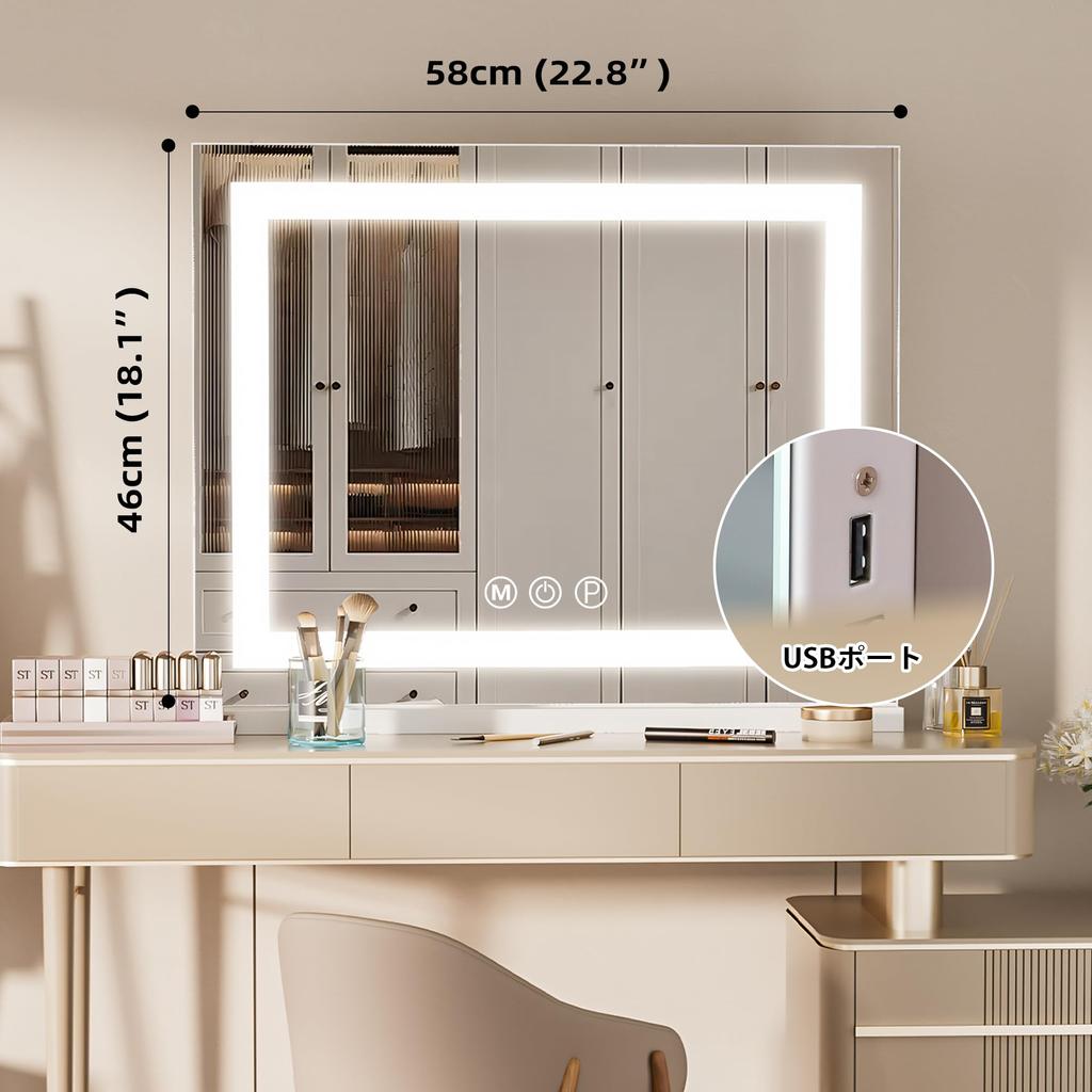 Hansong Actress Hollywood Makeup Wall 3 Color Lighting Adjustable Dresser LED Light White Mirror, Mirror, Mirror, Hanging/Desktop Use, Modes,