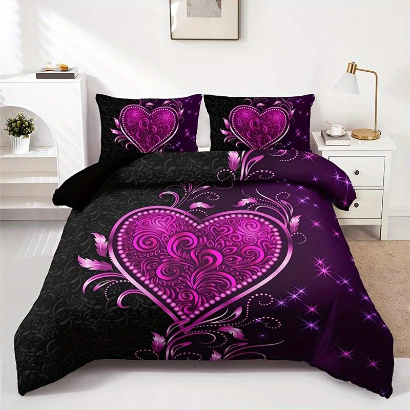 3pcs Purple Heart Rose Floral Print Duvet Cover Set - 1 Duvet Cover 2 Pillowcases Breathable Polyester Perfect for All Seasons