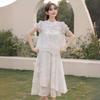 Summer Cream Pearl White Splicing Crane Jacquard Retro Shirt + Skirt Set