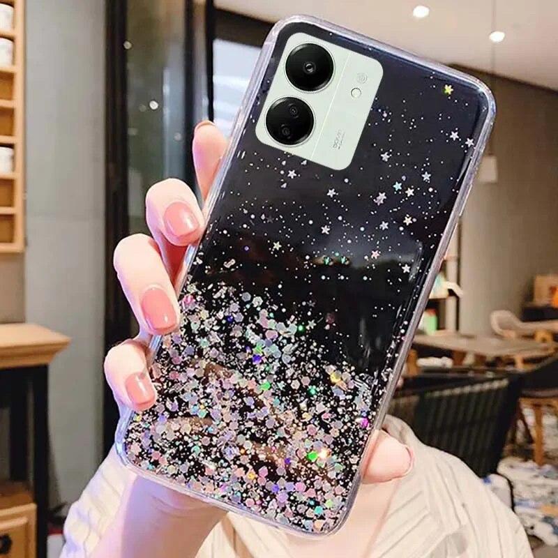 Phone Case for Xiaomi Redmi 13C 4G 13 C Gold Foil Shiny Bling Glitter Star Soft Case for POCO C65 C 65 Gradient Transparent Silicone TPU Back Cover