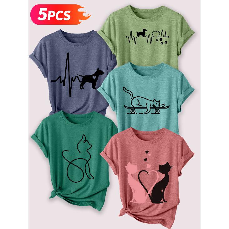 Follow a specific direction Five-piece set of women's short-sleeve tops Pet ECG Line Vintage Print Elegant summer clothing Sleeveless short-sleeved