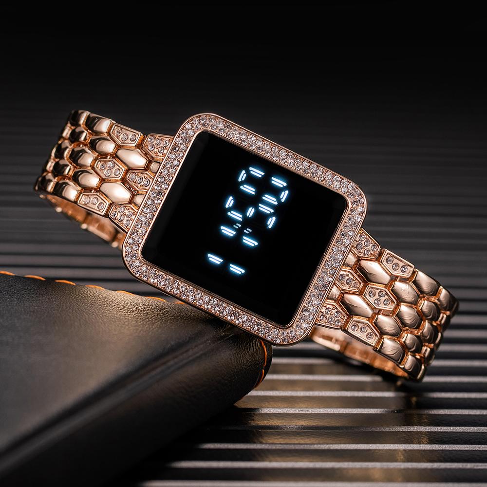 Rhinestone Digital Watch for Women Simple Touch Screen LED Ladies Wristwatch