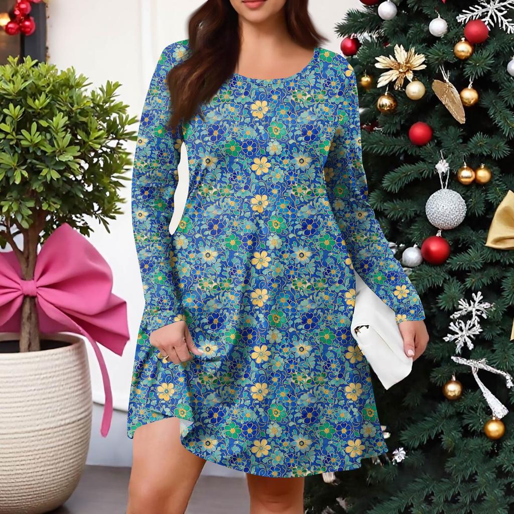 Plus Size Women's Gradient Print Casual Spring/Autumn Pocket Round Neck Long Sleeve Dress