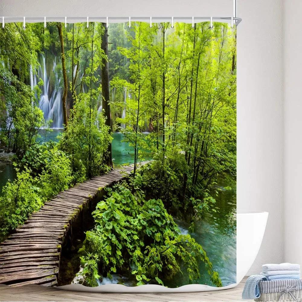 Tropical Rainforest Shower Curtains Forest Plants Rustic Nature Scenery Bath Curtain Garden Wall Hanging Bathroom Decor Hooks