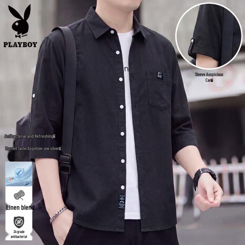 Playboy Men's Cotton Linen 3/4 Sleeve Casual Shirt