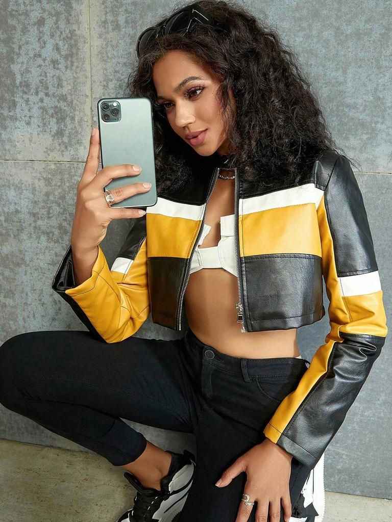 Укороченная байкерская куртка Rose Beauty A Street Colorblock из лакированной искусственной кожи на молнии