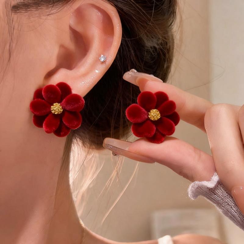 Модные серьги-пусеты из красного бархата с геометрическим цветком для женщин, необычные серьги, винтажные украшения для ушей, аксессуары для свадебной вечеринки, подарки