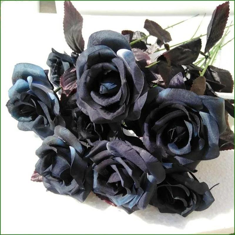 10 Pcs Artificial Black Rose Bouquet Fake Flowers Halloween Wedding Home Decoration Simulation Rose Floral Arrangement Supplies