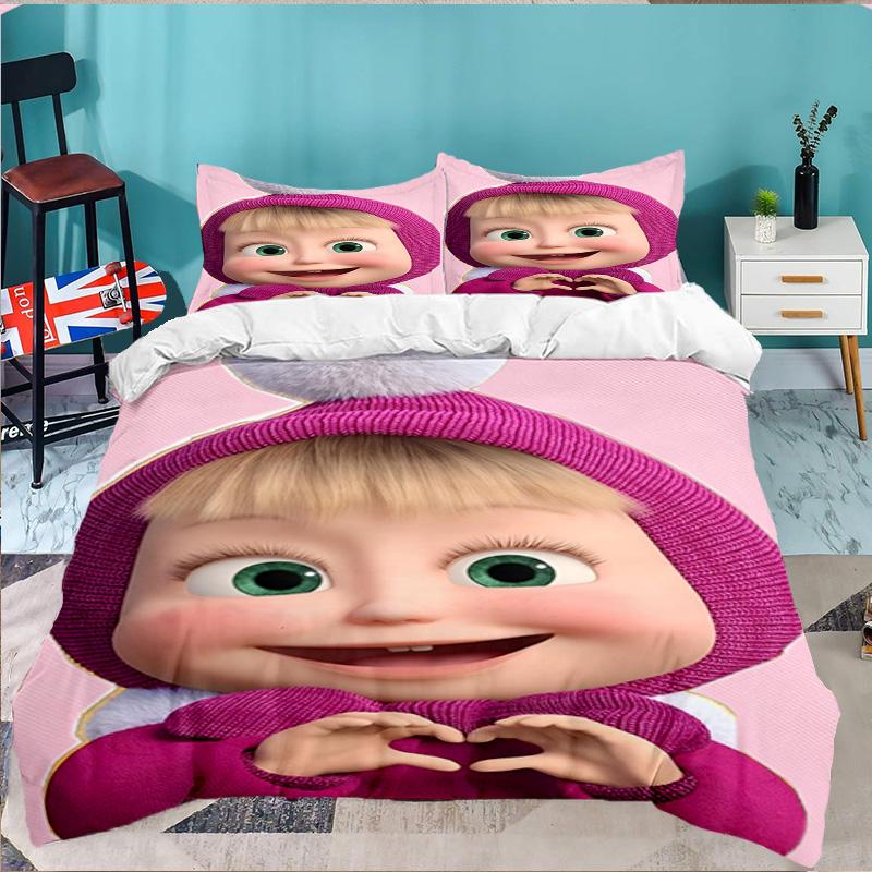 Heart-themed Ma-sha Illustration. 3PCS Bedding set,Ideal for 1pc Duvet Cover And 2pcs Pillowcases Perfect for Fan gift,Ideal for Bedroom, Dormitory