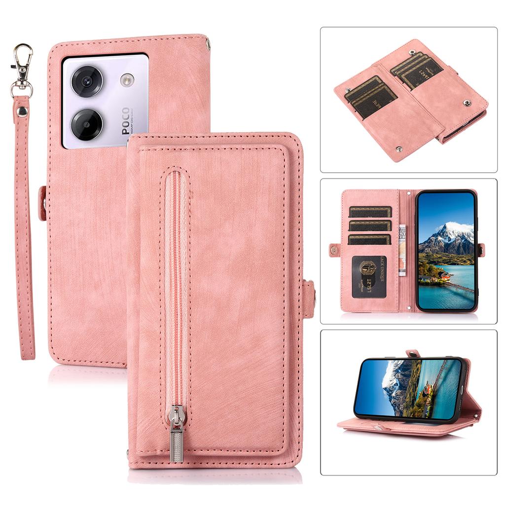 Чехол для Xiaomi Poco M7 Pro 5G с карманом на молнии, 9 отделениями для карт, кожаный чехол для телефона из ПУ с ремешком на запястье