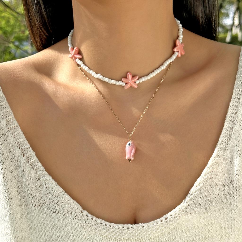 Charm Ocean Starfish OT Buckle Pendant Necklace for Women Handmade Rice Beads Ceramic Fish Choker Necklace Girls Party Jewelry