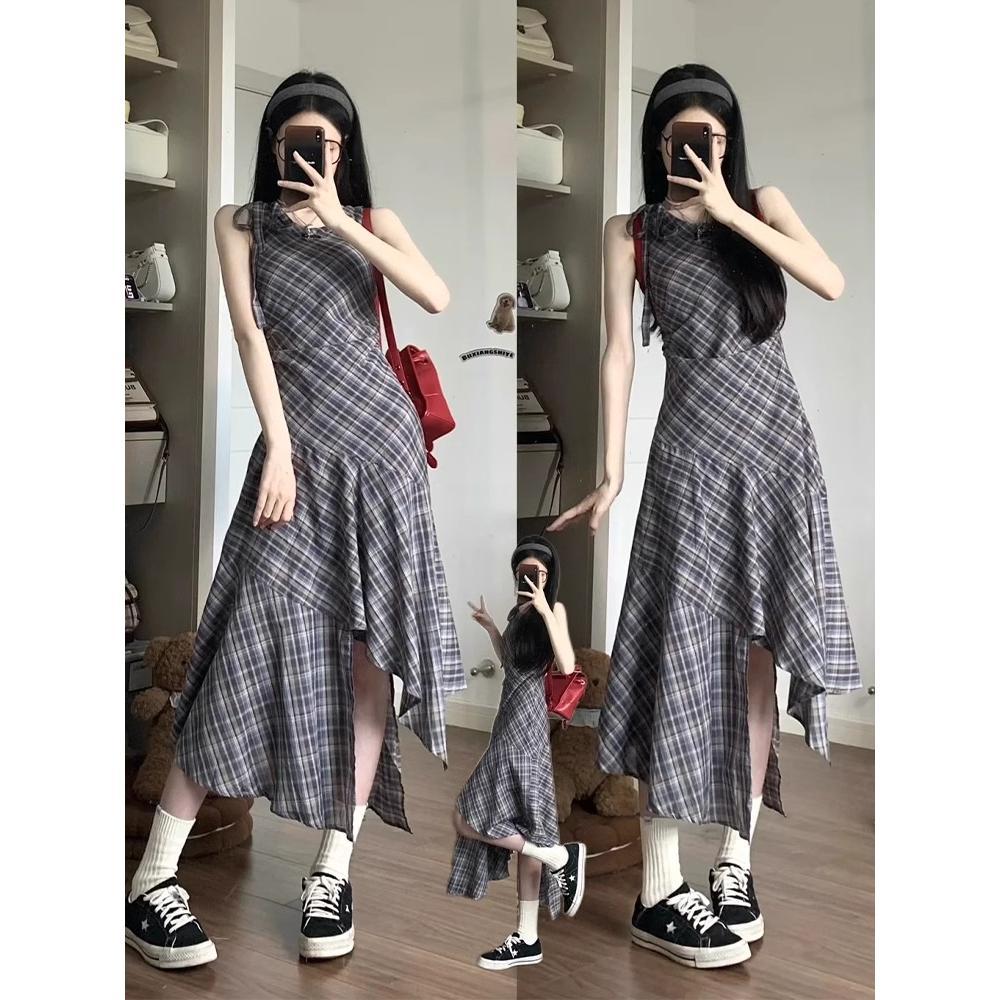 Летнее клетчатое платье-жилет без рукавов, детское новое повседневное маленькое высококлассное нерегулярное длинное платье