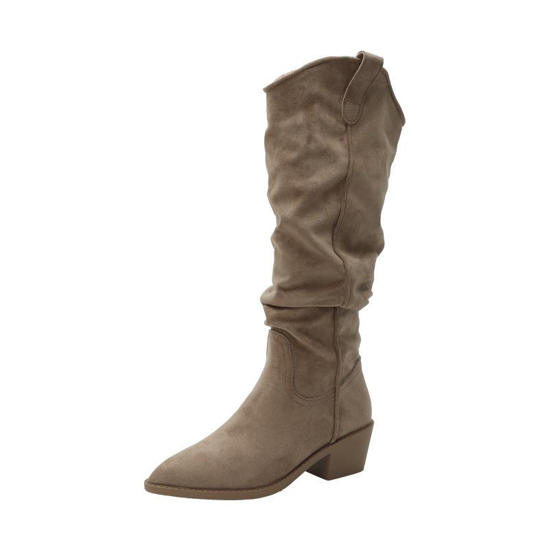 Cow Velvet~ Small Slim Stacking Boots Thick Heel Tall Western Cowboy Boots Soft Sole High Heel Mouth Long Boots Women