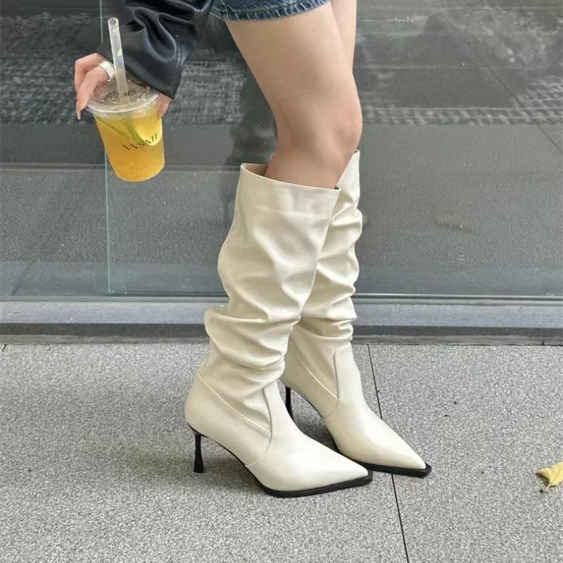 Women Pointy Pleated Boots High Heels Black Female Knee High Boots Women Autumn Fashion Stiletto Ladies Pointy Rubber Footwear