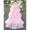 Court Style Dress Classy Light Luxury Minority Embroider Tight Waist Long Slimming Mesh Fairy Dress Sling Dress Women