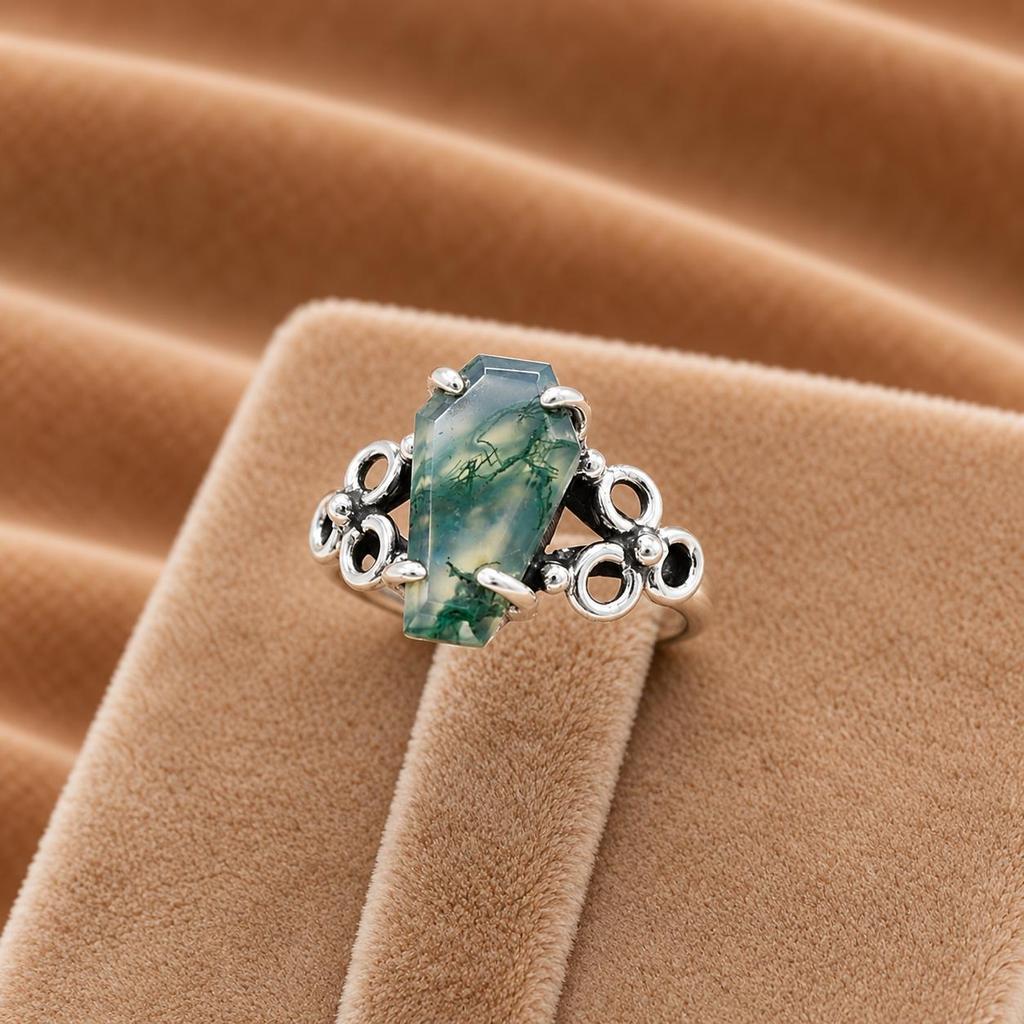 Moss Agate Coffin Statement Ring, 925 Sterling Silver Ring, Handmade Jewelry for Women