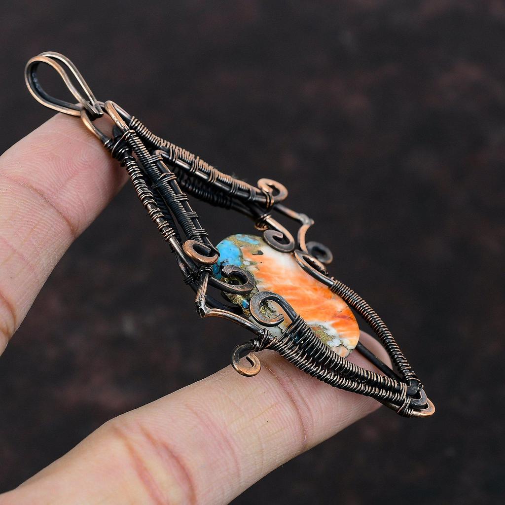Подвеска из колючей устрицы и медной бирюзы, обернутая медной проволокой, украшения ручной работы, оригинальная подвеска с драгоценным камнем, медные украшения, подарок для мамы