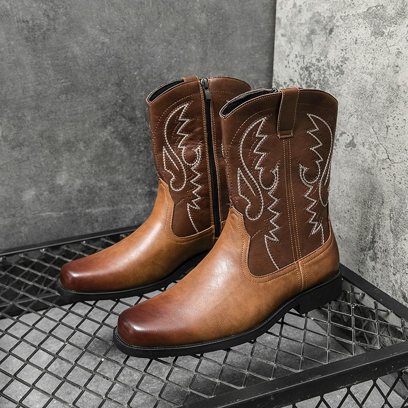 High Quality Embroidery Leather Boots Men Classic High Top British Men's Boots Motorcycle Shoes Men Ankle Western Cowboy Boots Male