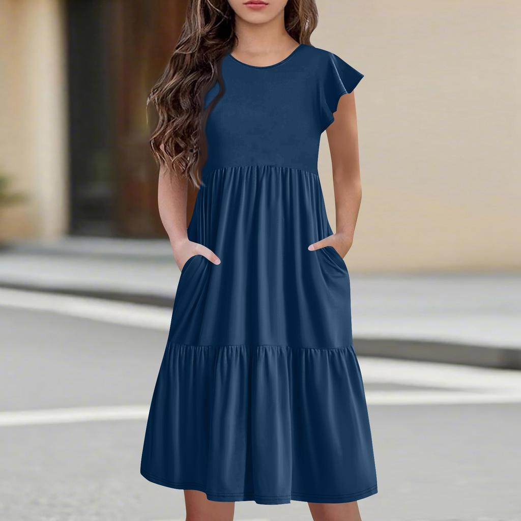 Детская юбка с круглым вырезом, плиссированная, с коротким рукавом, юбка принцессы, модное повседневное платье с карманами для девочек