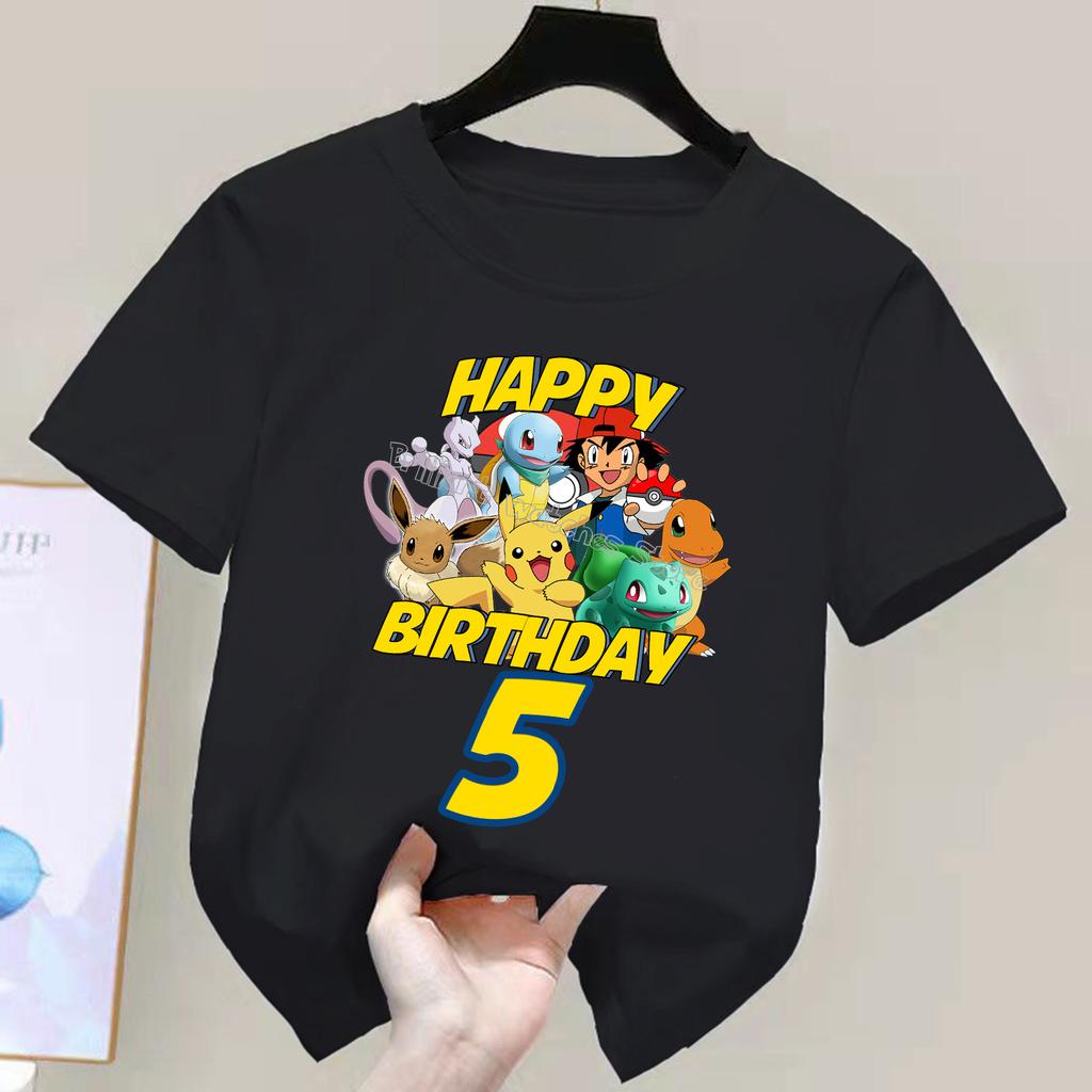 Pokemon Birthday Number T-shirt for Children Cartoon Figure Tee Top Pikachu Black Clothes New Kids Short Sleeve Clothing Gift