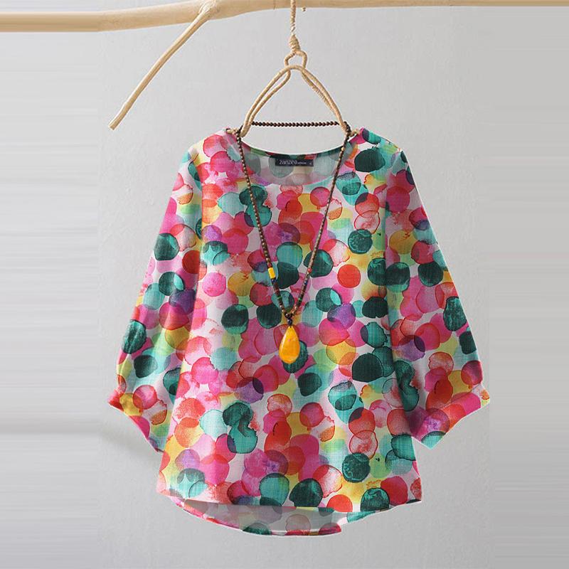 ZANZEA Women Print Casual Round Neck 3/4 Sleeve Loose Blouse