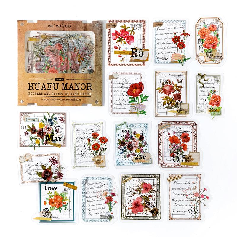 30 pcs Vintage Plant Flowers PET Stickers pack Decorative collage Adhesive Diy Hand Account Diary Album Scrapbooking accessories