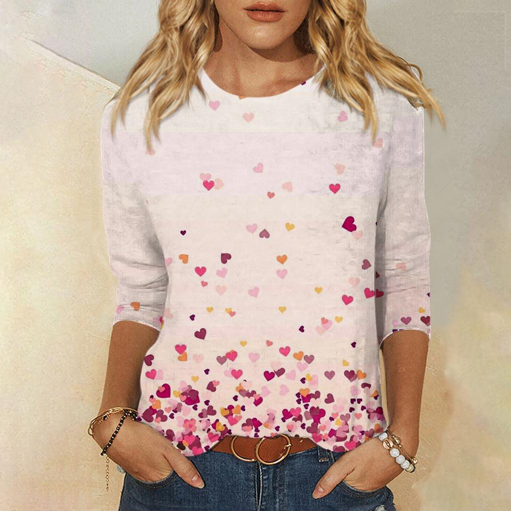 Женская мода, повседневная свободная футболка с принтом на День святого Валентина и круглым вырезом, рукав 3/4, женский топ