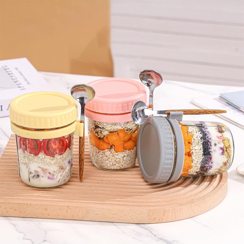 Overnight Oats Jars Portable Cereal Yogurt Bottle Lunch Glass Overnight Oats Containers with Lids Spoon Fruit Salad Storage Box