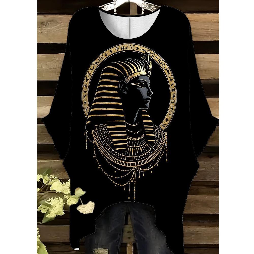 Egyptian pharaoh print women's plus-size short-sleeved T-shirt with irregular hem design
