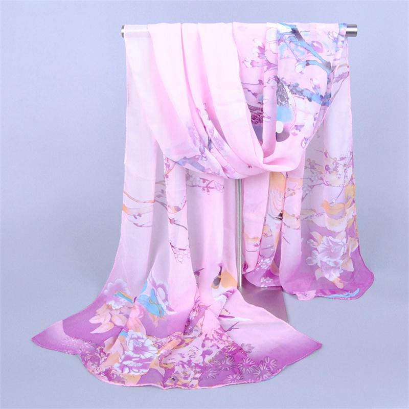 Scarves Natural Style Spring and Autumn Printed Flowers and Birds Rectangle Sun Protection Chiffon Scarf