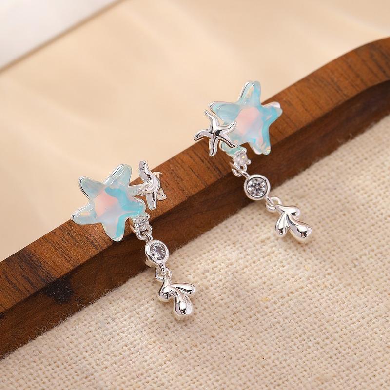 S925 Sterling Silver Blue Starfish Dangle Earrings Shiny Zircon Ocean Style Drop Earrings Sweet Fresh Women Daily BeachJewelry