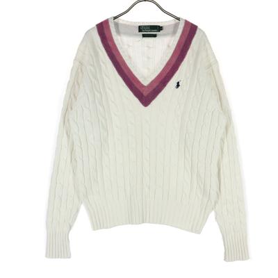 Косметика Polo by Ralph Lauren 90-х годов Старый рыбак Длинный рукав V-образный вырез Аранская вязка Хлопковый трикотаж Женский Б/У
