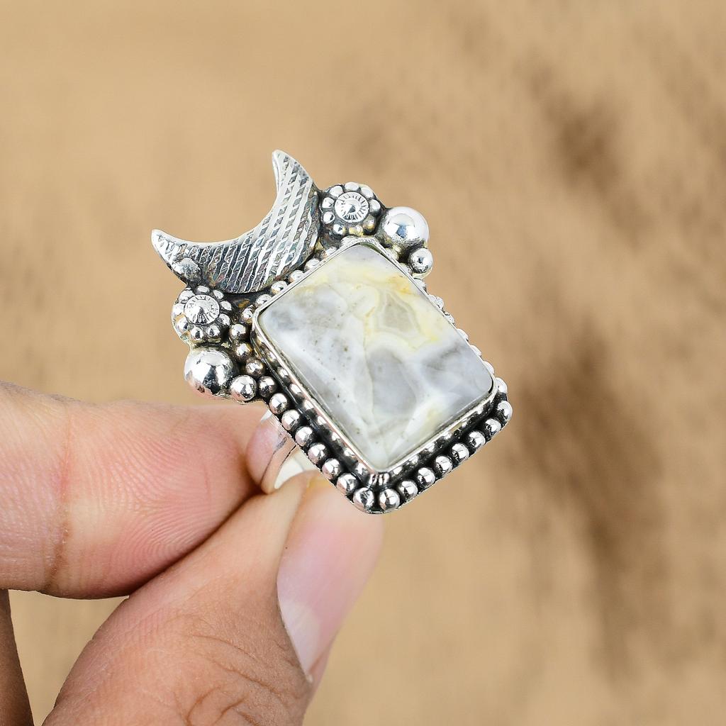 Natural Ocean Jasper Multi Stone Cresent Moon Adjustable Ring 925 Silver
