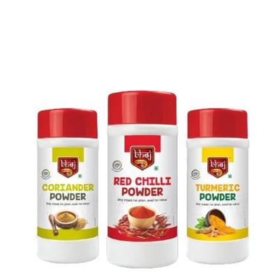 Bhoj Masale Кориандр, Куркума и Порошок красного чили Комбо-упаковка Нетто 450 г каждый Общий вес брутто 1 кг 500 грамм ( 1,35 кг нетто)