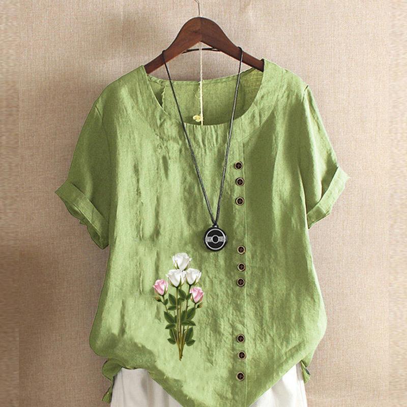Women's Fashion Round Neck Short Sleeve T-shirt Casual Cotton Linen Graphic Shirt Leisure Loose Flowers Prined Summer Blouse Tops