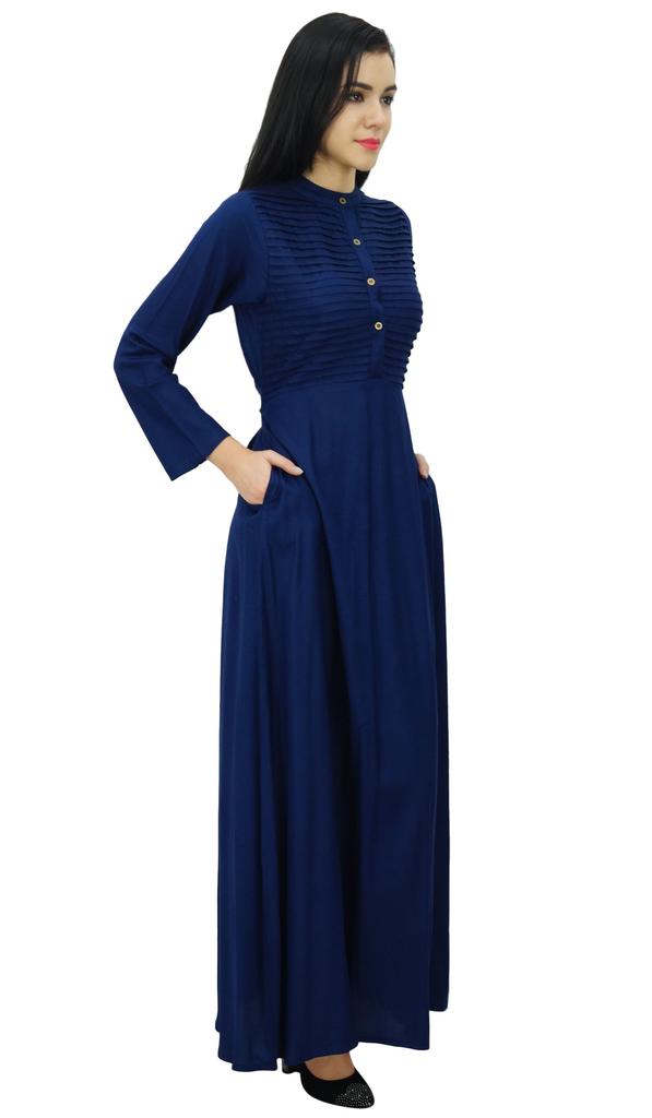 Bimba Women's Long Sleeve Maxi Mandarin Collar Plain Jilbab Dress With