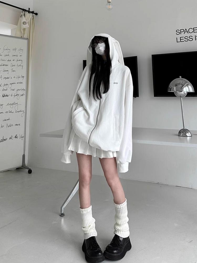 Белые кавайные толстовки на молнии с заячьими ушками, женские японские укороченные толстовки с длинными рукавами, женская одежда в консервативном стиле, осенняя одежда