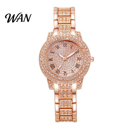 Quartz Watch with Metal Band Women Roman Numerals Rhinestones, Round Dial Ladies Wristwatch Band, for Casual and Formal Wear Rhinestone Inlaid Analog