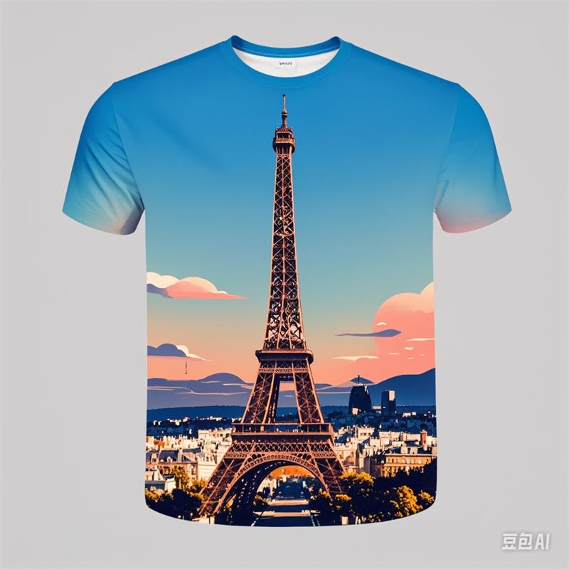 2024 France Paris Eiffel Tower 3D Print Summer Tees Streetwear Crew Neck Short Sleeve Casual Oversized Men Women Kids Tops